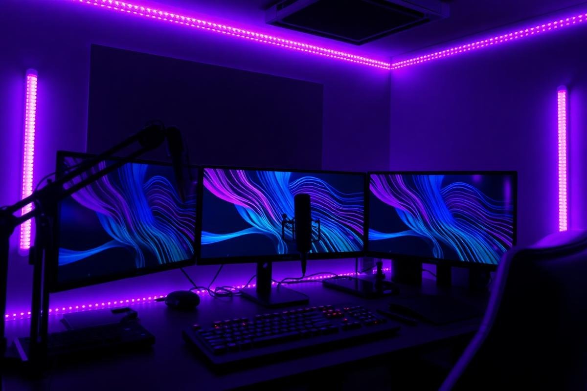 Setup de streaming com LEDs roxos
